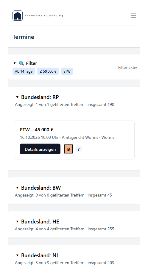 Zwangsversteigerung.org auf dem Smartphone